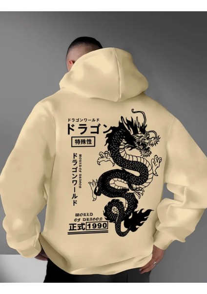 Büyük Beden Özel Tasarım Kapüşonlu Japon Ejderha Sırt Baskılı Oversize Erkek Sweatshırt