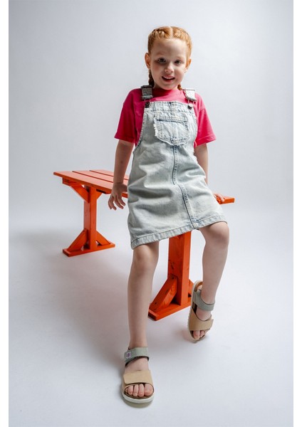 Unisex Çocuk Sarı-Su Yeşili Hakiki Deri Mantar Tabanlı Günlük Çocuk Sandalet