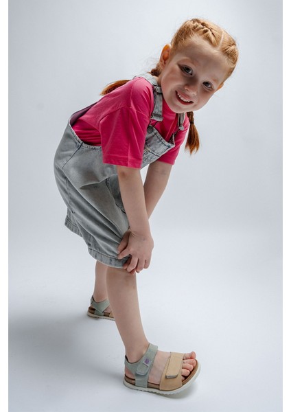 Unisex Çocuk Sarı-Su Yeşili Hakiki Deri Mantar Tabanlı Günlük Çocuk Sandalet