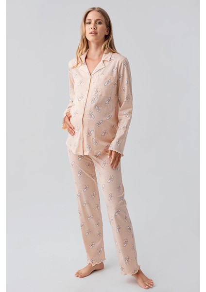 Uzun Kollu Desenli Düğmeli Esnek Pamuklu Hamile Pijama Takım 18200