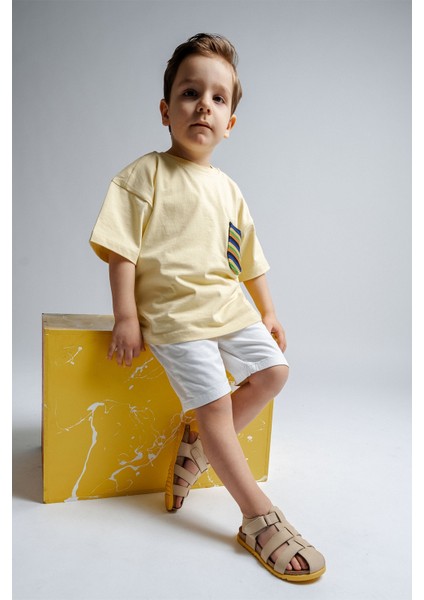 Unisex Çocuk Açık Sarı Hakiki Deri Mantar Tabanlı Günlük Çocuk Sandalet