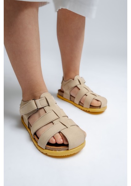 Unisex Çocuk Açık Sarı Hakiki Deri Mantar Tabanlı Günlük Çocuk Sandalet