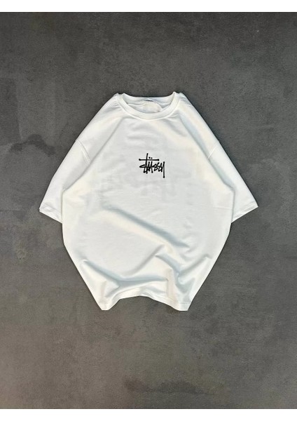 Unisex Bisiklet Yaka Baskılı Oversize T-Shirt - Beyaz