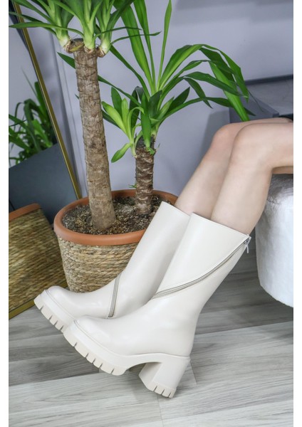 Kadın Liva Döner Fermuarlı 8 cm Topuklu Bot Krem