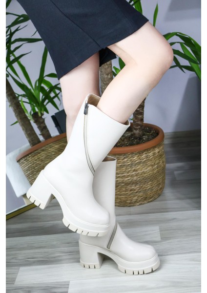 Kadın Liva Döner Fermuarlı 8 cm Topuklu Bot Krem fiyatları