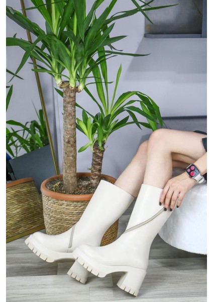 Kadın Liva Döner Fermuarlı 8 cm Topuklu Bot Krem modelleri