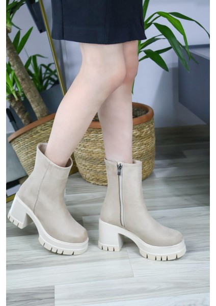 Kadın Leysi 8 cm Platformlu Topuklu Fermuarlı Bot Bej Süet