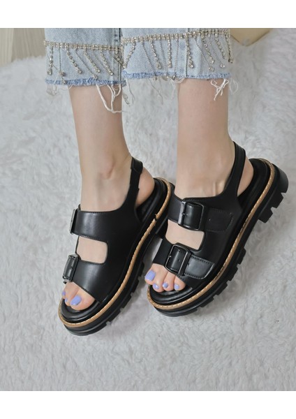 Kadın Çift Bantlı Kalın Taban Ortopedik Sandalet Siyah