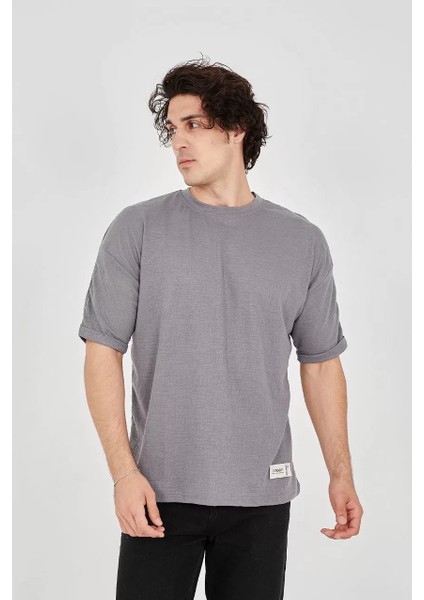 Unisex Jakar Kumaş Rahat Kol T-Shirt - Gri