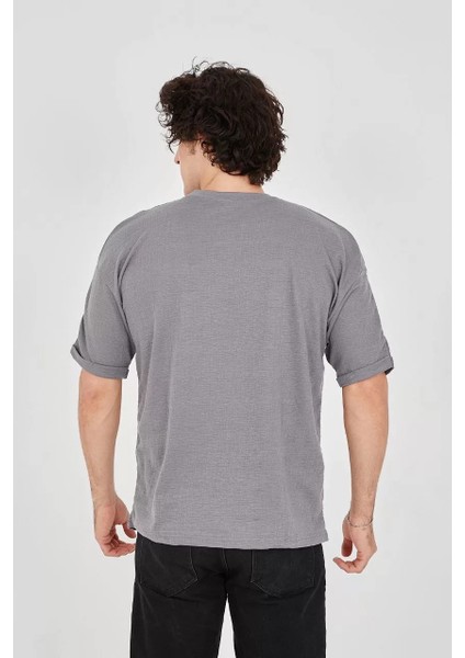 Unisex Jakar Kumaş Rahat Kol T-Shirt - Gri modelleri