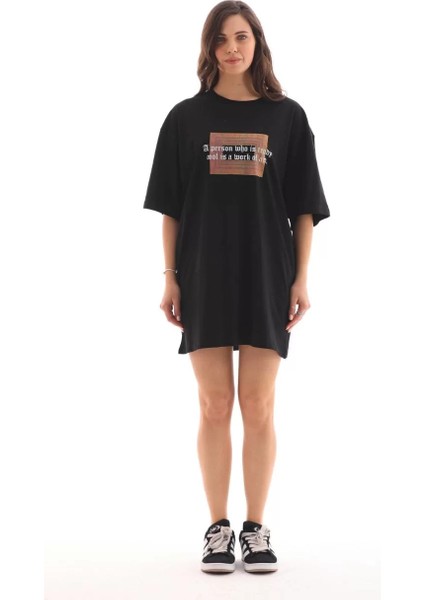 Unisex Bisiklet Yaka Baskılı Oversize T-Shirt - Siyah fiyatları