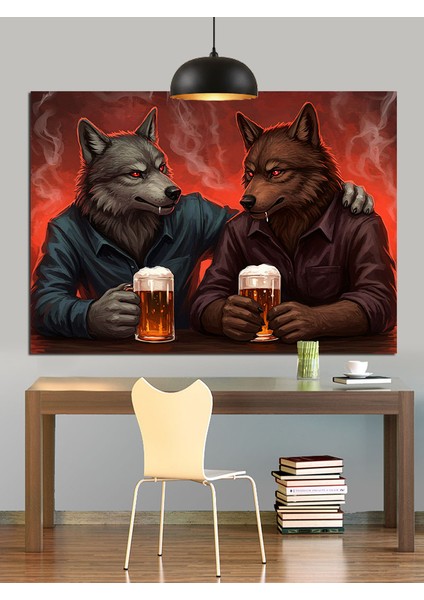 Bira Içen Iki Kurt Dekoratif Kanvas - Mdf Ahşap Tablo fırsatları