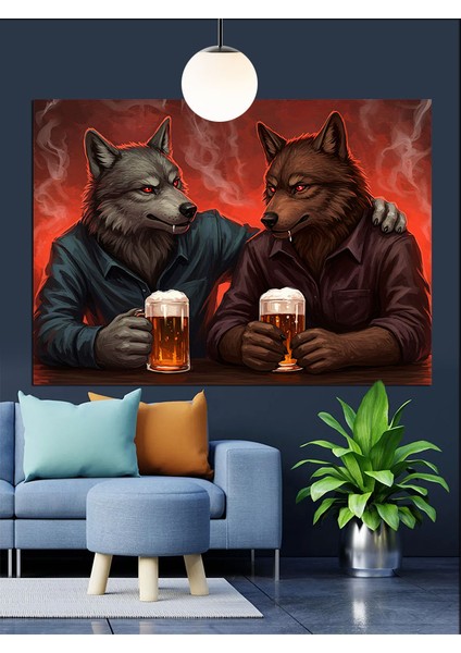 Bira Içen Iki Kurt Dekoratif Kanvas - Mdf Ahşap Tablo indirimleri