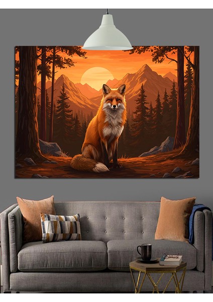 Tilki Oturuyor Orman Güneş Dekoratif Kanvas - Mdf Ahşap Tablo