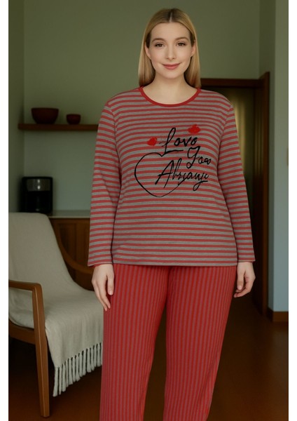 Çizgili Penye Pijama Takımı Kırmızı Çizgili M