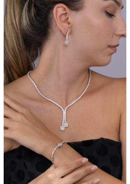 Su Yolu Süzme Baget Taşlı 925 Ayar Gümüş Düğün Seti