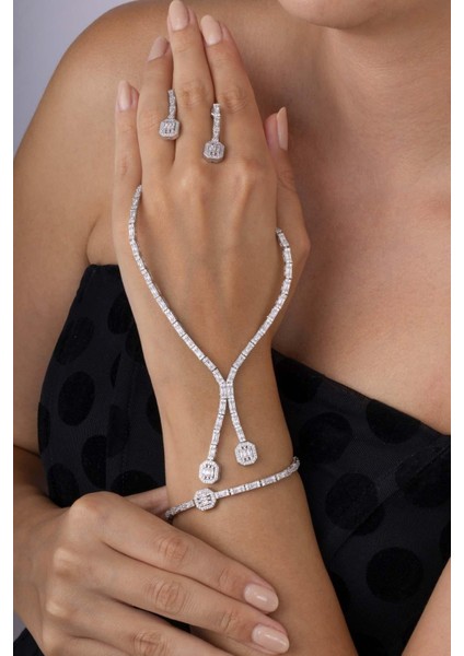 Su Yolu Süzme Baget Taşlı 925 Ayar Gümüş Düğün Seti modelleri