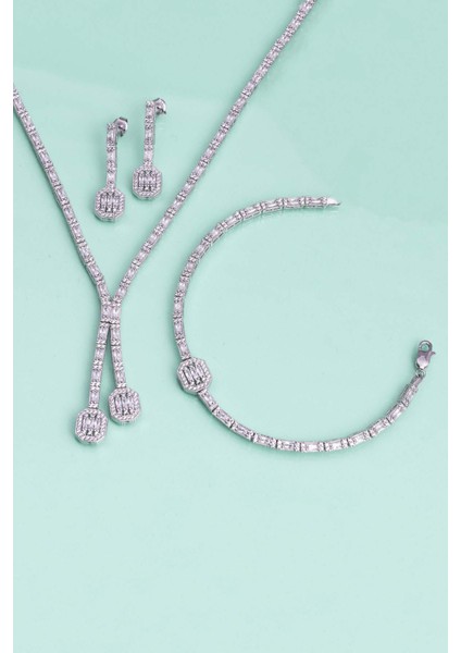 Su Yolu Süzme Baget Taşlı 925 Ayar Gümüş Düğün Seti fırsatları