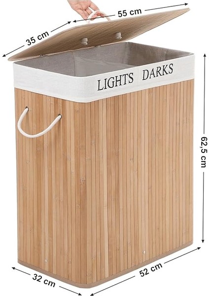 Bambu Çamaşır Sepeti, 100 L Çamaşır Ayırıcı, 2 Bölmeli, Çıkarılabilir Çamaşır Torbalı Katlanabilir Çamaşır Sepeti, Dikdörtgen Çamaşır Kutusu, 52 x 63 x 32 Cm, Doğal Renk, LCB64Y fırsatları