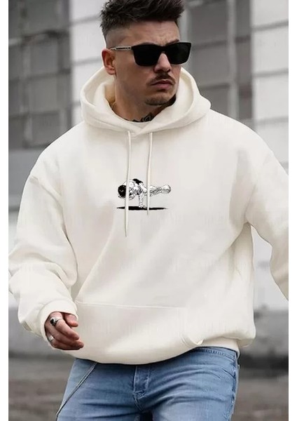 Erkek Baskılı Kapüşonlu ve Kordon Ipli Sweat - Beyaz fiyatları