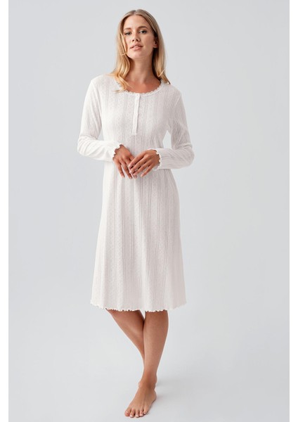 Uzun Kollu Düğmeli Ajurlu Esnek Pamuklu Kısa Gecelik 18107 fiyatları