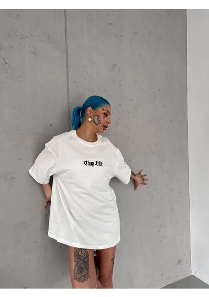 Unisex Bisiklet Yaka Baskılı Oversize T-Shirt - Beyaz fiyatları