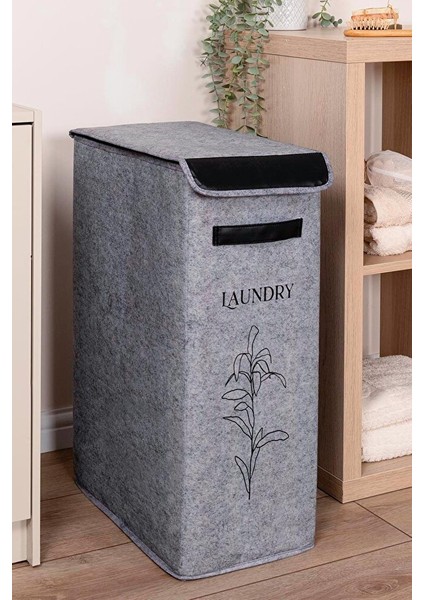 Derili Kapaklı Çamaşır Sepeti Kompakt -Katlanabilir Dayanıklı 25X40X60 cm