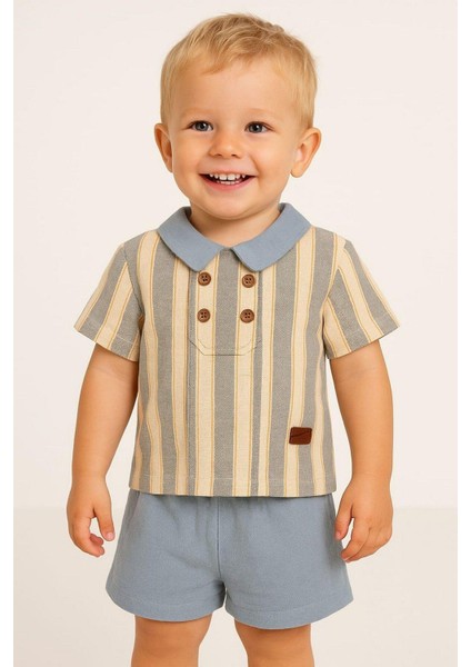 Erkek Bebek/çocuk Yakalı 2li Takım Ham Keten Yazlık Kumaş Alt Üst 3-6-9-12-19-24AYLIK