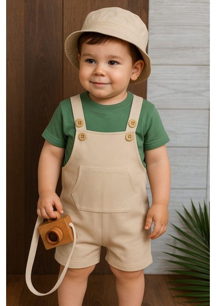 Salopet Safari Şapkalı Badili Rahat Beden Yazlık 3lü Erkek Bebek Takım/tulum