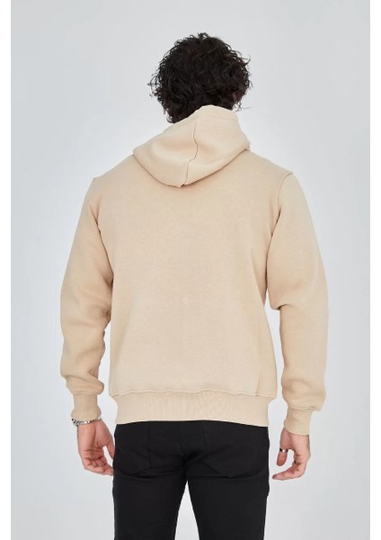 Unisex Tam Fermuarlı Kapşonlu Sweatshirt - Bej fırsatları