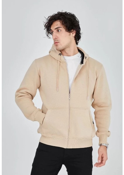 Unisex Tam Fermuarlı Kapşonlu Sweatshirt - Bej indirimleri