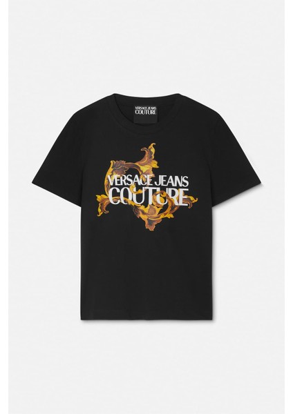 Kadın Regular Fit Barok Desenli Yazı Logolu T-Shirt - Siyah/altın Sarısı