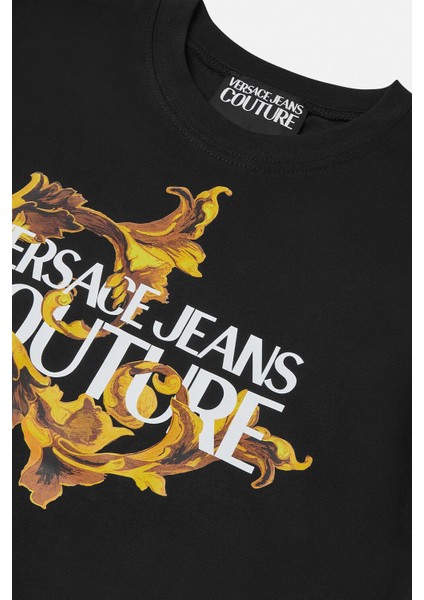 Kadın Regular Fit Barok Desenli Yazı Logolu T-Shirt - Siyah/altın Sarısı modelleri
