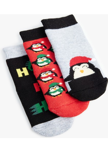 Yılbaşı Temalı Penguen Detaylı Pamuklu Havlu Çorap Seti