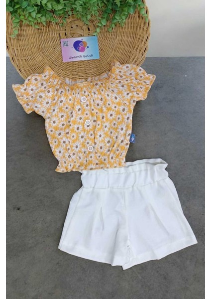 Kız Çocuk Yazlık Interlok Fitilli Kumaş Çiçek Baskılı Keten Şortlu Alt Üst 2li Takım Ince