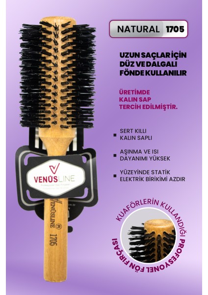 Venüsline Professional 1705 – Uzun Saçlara Özel Sert Kıllı Fön Fırçası - Kalın Sap