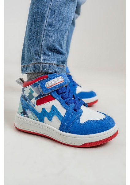 Unisex Çocuk Saks Mavi Baskı Hakiki Deri Anatomik Günlük Bot