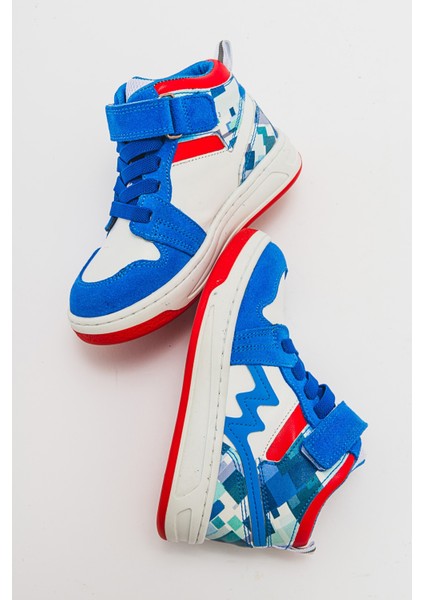 Unisex Çocuk Saks Mavi Baskı Hakiki Deri Anatomik Günlük Bot