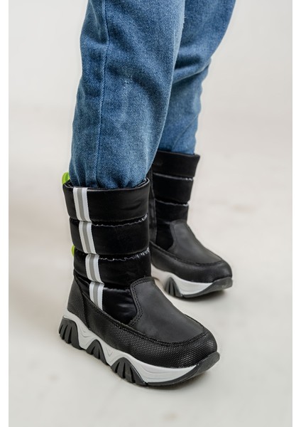 Erkek Çocuk Siyah Suni Deri Suya Dayanıklı Kürklü Günlük Bot