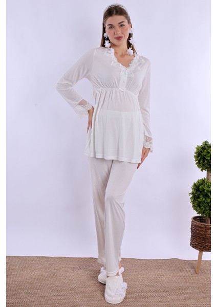 Ekru Hamile Lohusa Pijama Takımı