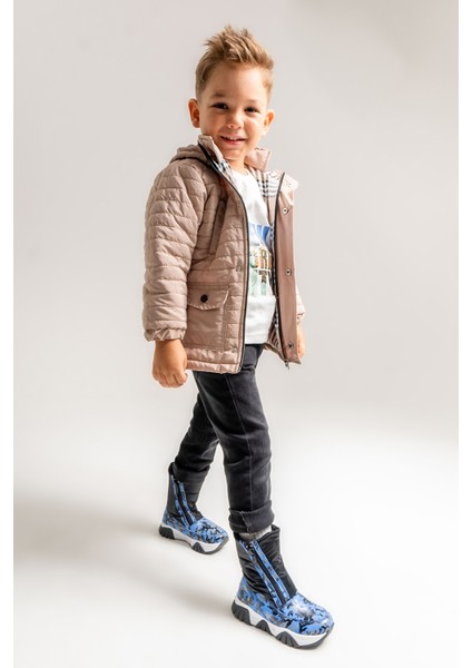 Erkek Çocuk Saks Mavi Hakiki Deri Suya Dayanıklı Kürklü Günlük Bot