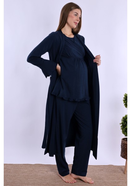Lacivert Sabahlıklı Hamile Lohusa Pijama Takımı
