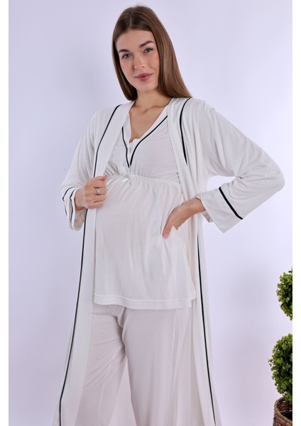 Ekru Sabahlıklı Hamile Lohusa Pijama Takımı