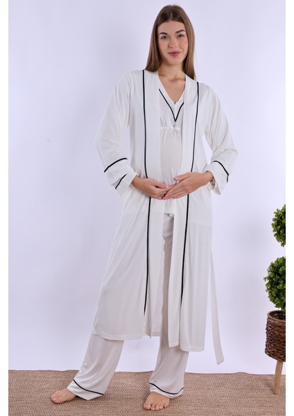 Ekru Sabahlıklı Hamile Lohusa Pijama Takımı modelleri