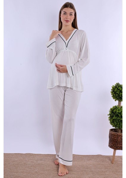 Ekru Sabahlıklı Hamile Lohusa Pijama Takımı fırsatları