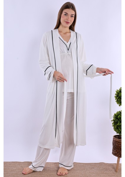 Ekru Sabahlıklı Hamile Lohusa Pijama Takımı