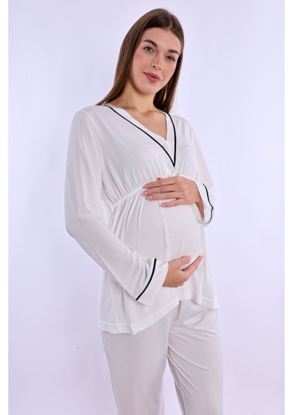 Ekru Sabahlıklı Hamile Lohusa Pijama Takımı