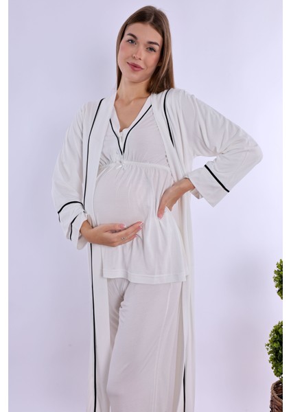 Ekru Sabahlıklı Hamile Lohusa Pijama Takımı