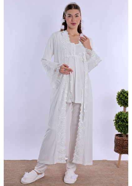 Ekru Sabahlıklı Hamile Lohusa Pijama Takımı