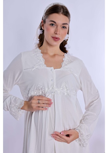 Ekru Sabahlıklı Hamile Lohusa Pijama Takımı